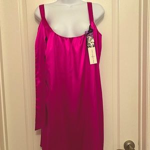 Paris Hilton Dress Fuchsia Satin SZ L New! Built in bra, Sash Tie at the waist!